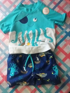 Kids Octopus Pirate Rash Guard Swim Set - Turquoise & Navy